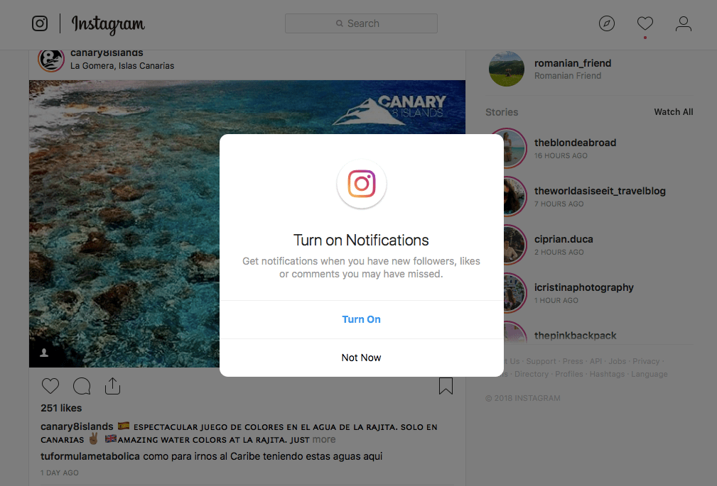 once you accept to turn on the desktop notifications you will be notified about people that followed you liked your posts or have commented on - why you should not turn !   on post notifications in instagram when