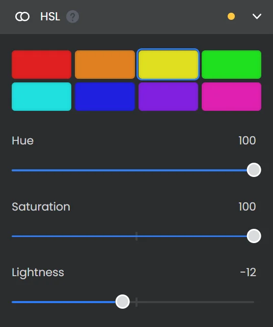 The HSL panel where you can select the color you want to adjust the hue, saturation, and lightness.