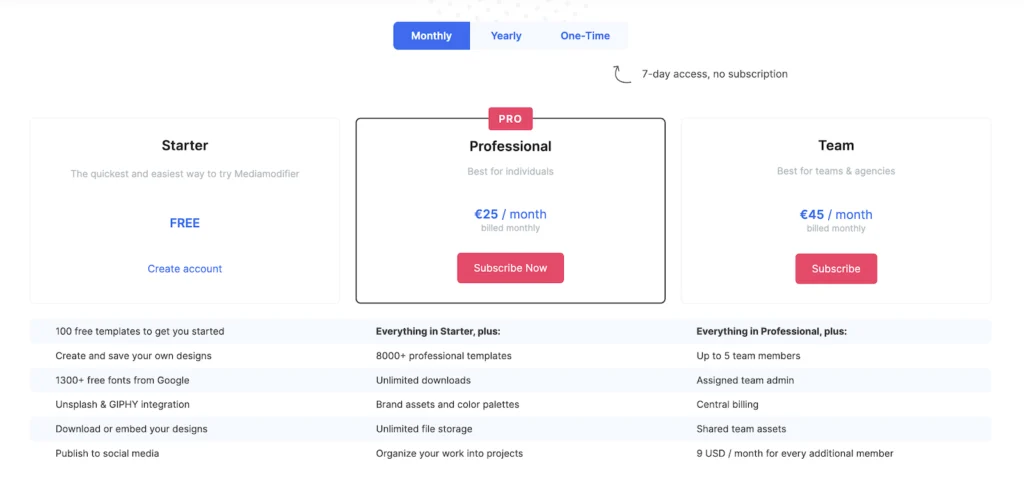 The Starter, Professional, and Team pricing tiers for Media Modifier