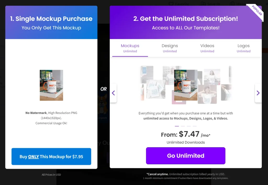 Single Mockup and Unlimited subscription plans for Placeit by Envato.